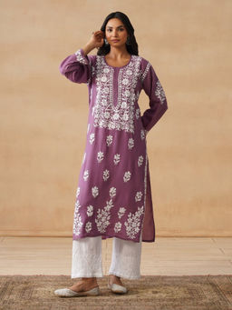 House of Chikankari - HOC Modal Chikankari Embroidery Women's Long Mauve Kurta