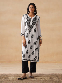 House of Chikankari - HOC Modal Chikankari Embroidery Women's Long White Kurta