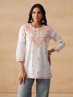 House of Chikankari - HOC Cotton Chikankari Solid Straight Women's Short White Kurta