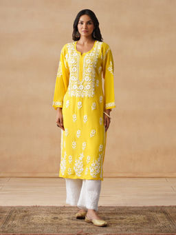 House of Chikankari - HOC Modal Chikankari Embroidery Women's Long Yellow Kurta