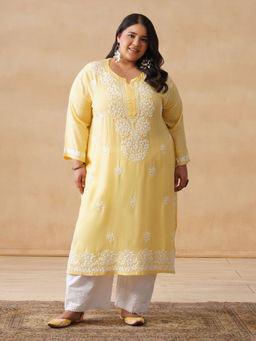 House of Chikankari - HOC Modal Chikankari Embroidery Women's Long Yellow Kurta