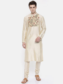 MAYANK MODI - Beige Chanderi Prinetd Kurta Set With Churidar