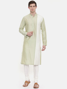 MAYANK MODI - Green Ivory Silk Blend Kurta Set With Churidar
