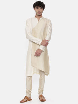 MAYANK MODI - Cream Cotton Jacquard Overlap Kurta Set With Churidar