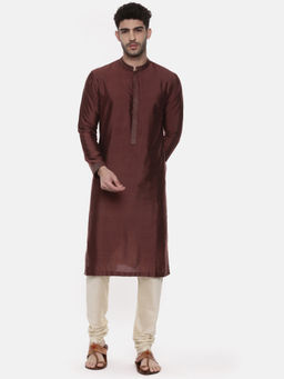 MAYANK MODI - Classic Brown Palin Mandarin Neck Silk Kurta