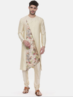 MAYANK MODI - Beige Printed Silk Round Neck Kurta