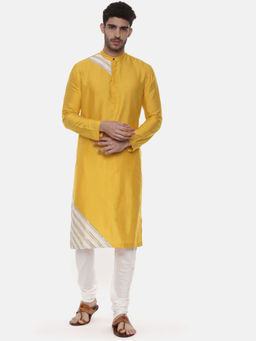 MAYANK MODI - Yellow Silk Detail Mandarin Neck Kurta