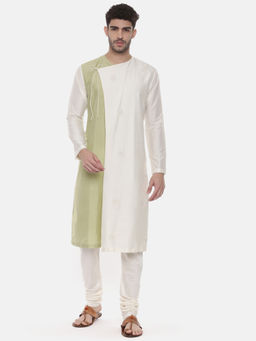 MAYANK MODI - Green Ivory Wrap Around Silk Kurta Set