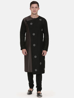 MAYANK MODI - Silk Black Grey Tie Up Kurta