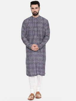 MAYANK MODI - Linen Bemberg Blue Red Prt Kurta Set With Churidar