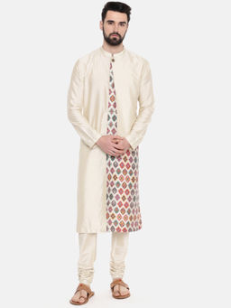 MAYANK MODI - Beige Silk Printed Cut Away Kurta
