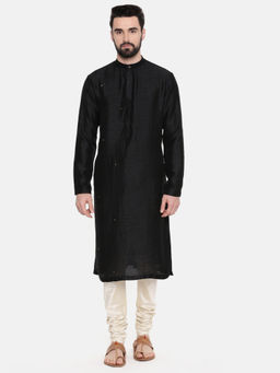 MAYANK MODI - Black Silk Mukesh Kurta Set With Churidar