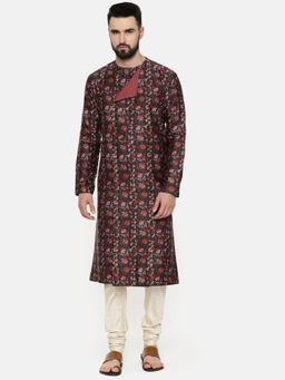 MAYANK MODI - Linen Bemberg Brown Printed Kurta Set With Churidar