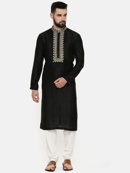 MAYANK MODI - Black Embroidered Silk Kurta
