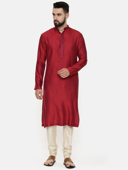 MAYANK MODI - Red Silk Cotton Jaquard Kurta Set With Salwar