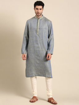 MAYANK MODI - Blue Green Linen Kurta Set With Churidar