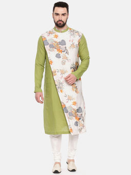 MAYANK MODI - Green Linen Printed Kurta Set With Churidar