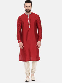 MAYANK MODI - Red Silk Embroidered Mandarin Neck Kurta