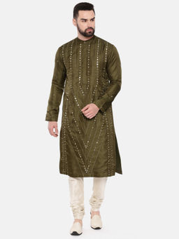 MAYANK MODI - Green Silk Mirror Work Kurta Set With Churidar