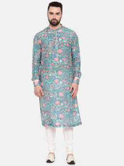 MAYANK MODI - Blue Printed Muslin Kurta Set With Churidar