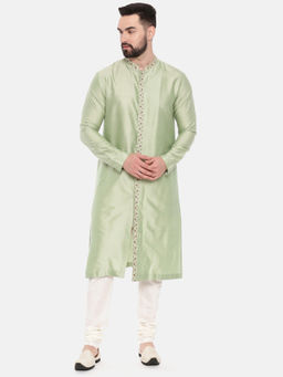 MAYANK MODI - Pista Green Silk Embroidered Kurta Set With Churidar