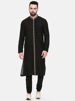 MAYANK MODI - Black Silk Embroidered Kurta Set With Churidar