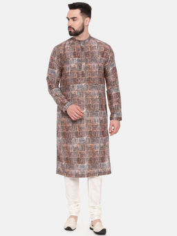 MAYANK MODI - Bronze Printed Linen Bemberg Kurta Set With Churidar