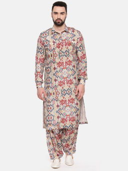 MAYANK MODI - Beige Blue Printed Muslin Kurta Set With Salwar
