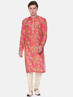 MAYANK MODI - Pink Floral Muslin Kurta Set With Churidar