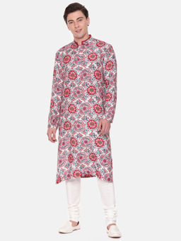 MAYANK MODI - Red Blue Digital Muslin Kurta Set With Churidar
