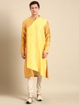 MAYANK MODI - Yellow Silk Jaquard Kurta Set With Churidar