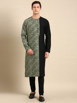 MAYANK MODI - Black Green Chanderi Silk Kurta Set With Churidar