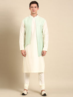 MAYANK MODI - Green/Cream Silk Jaquard Kurta Set With Churidar
