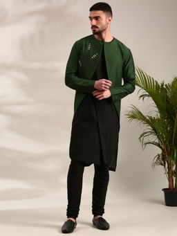 MAYANK MODI - Green and Black Cotton Silk Kurta Set With Churidar