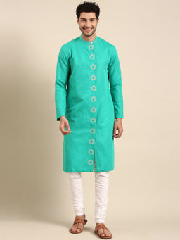 MAYANK MODI - Sea Green Linen Emb Kurta Set With Churidar