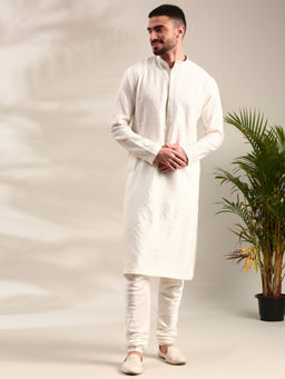 MAYANK MODI - Ivory Silk Cotton Jaquard Kurta Set With Churidar
