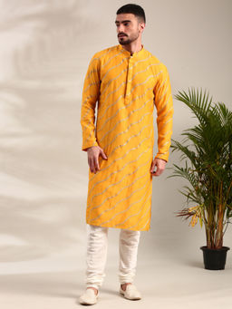 MAYANK MODI - Yellow Embroidered Chanderi Kurta Set With Churidar