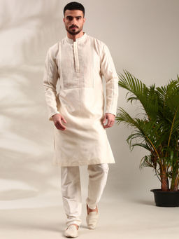 MAYANK MODI - Ivory Embroidered Chanderi Kurta Set With Churidar