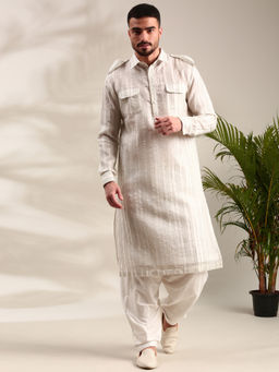 MAYANK MODI - Ivory Embroidered Chanderi Pathani Set With Salwar
