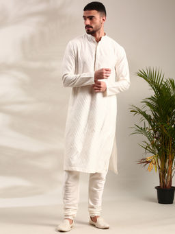 MAYANK MODI - Ivory Silk Jaquard Kurta Set With Churidar
