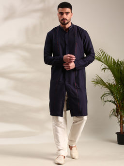 MAYANK MODI - Navy Blue Cotton Silk Kurta Set With Churidar