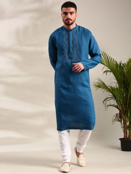 MAYANK MODI - Blue Linen Kurta Set With Churidar