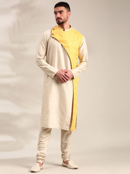MAYANK MODI - Beige and Yellow Linen Silk Kurta Set With Churidar