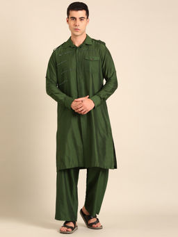 MAYANK MODI - Green Silk Cotton Kurta Set With Salwar