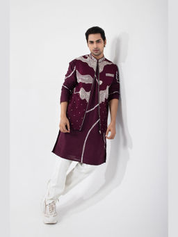 SMRITI - Maroon Embroidered Merlot Bliss Nehru And Kurta and Pant