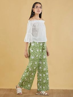 Sivi - Off White Cotton Mulmul Top with Hand Block Printed Palazzos