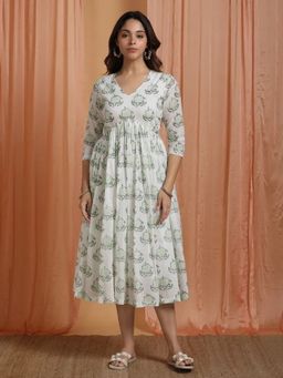 Sivi - Off White Hand Block Printed Cotton Dress