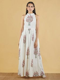 Sivi - Off White Hand Block Printed Cotton Mulmul Maxi Dress