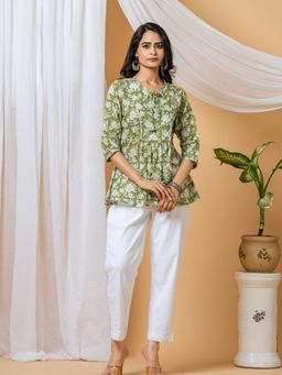 Sivi - Green Floral Handblock Printed Top with Pants