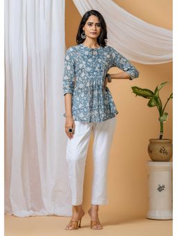 Sivi - Blue Floral Handblock Printed Top with Pants